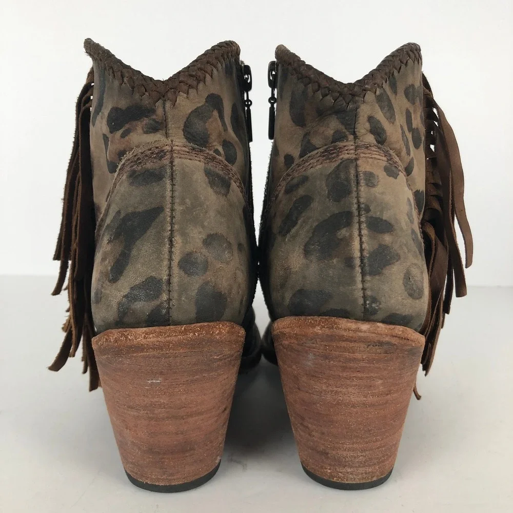LIBERTY BLACK Leopard Print Fringe Western Ankle Boots Sz 7 Brown Leather Boho